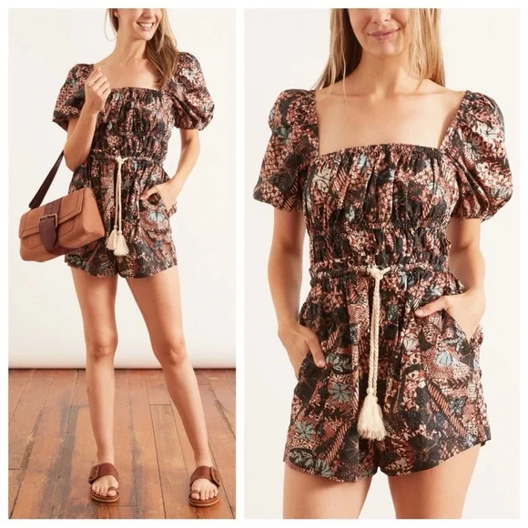 Ulla Johnson Alegria Playsuit (Sz 6) Puff Sleeve Poplin Romper Rosewood